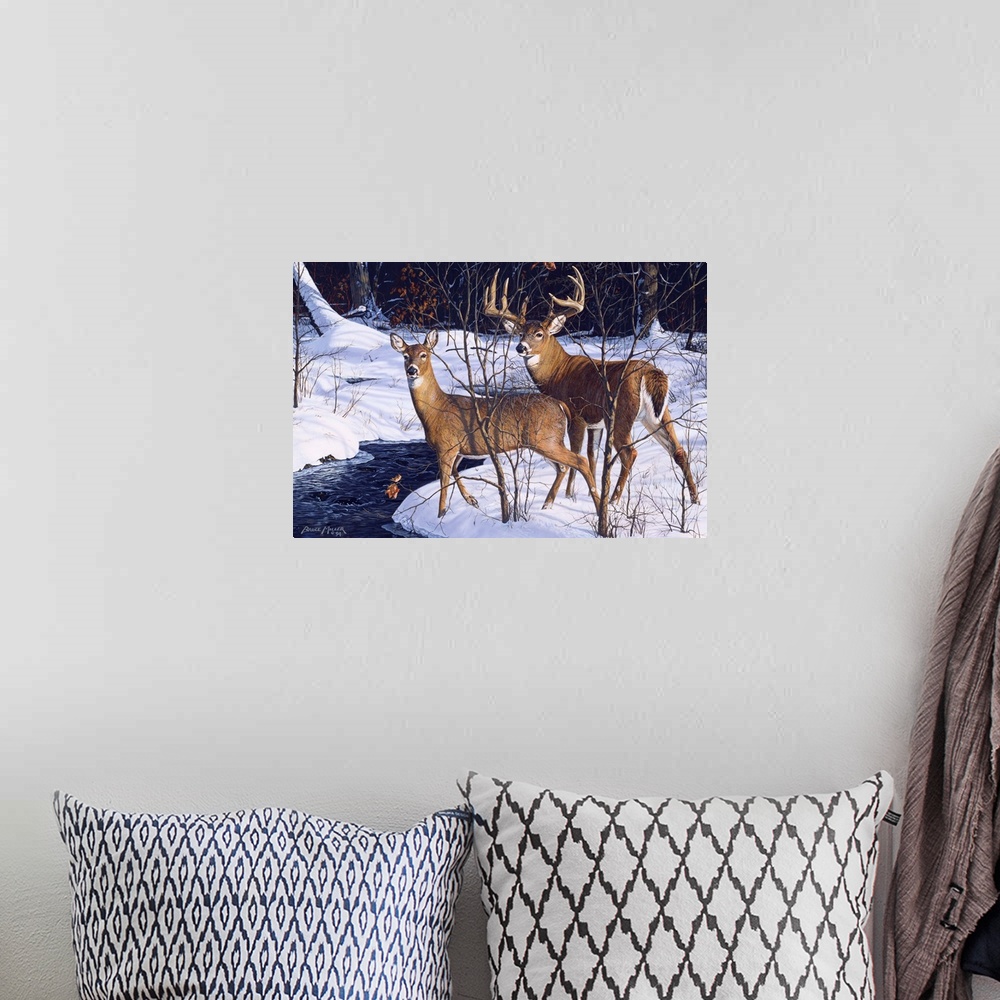 A bohemian room featuring A buck and a doe standing alert by a stream deer.