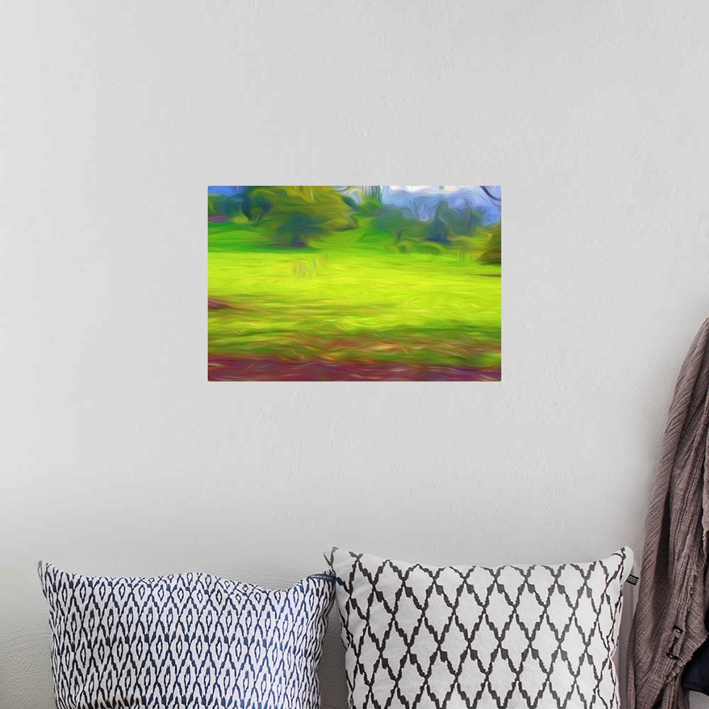 A bohemian room featuring Abstract photograph of a green field that has a painterly look.