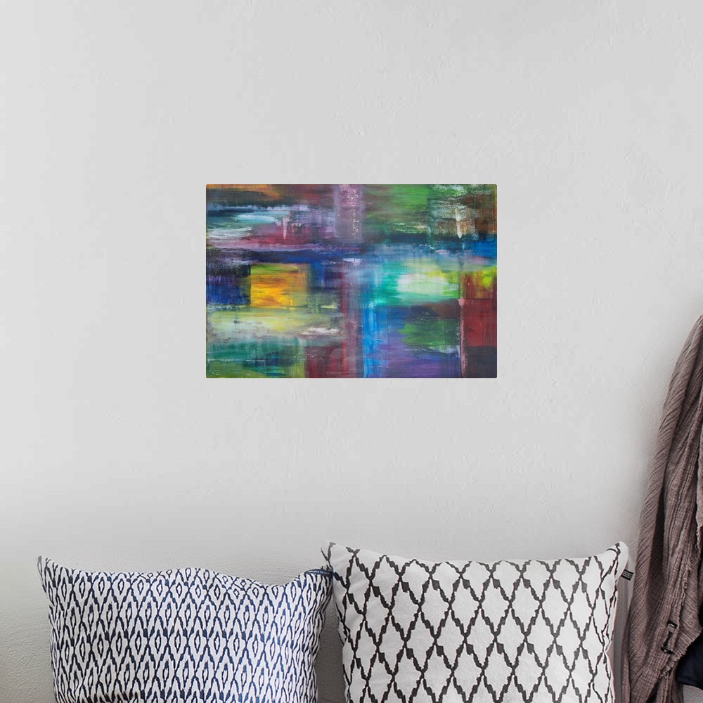 A bohemian room featuring Painting on paper of the sea and sky merging- no horizon.