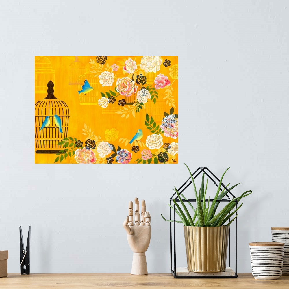 A bohemian room featuring Painting of birds flying out of cage into a garden of roses against yellow background.