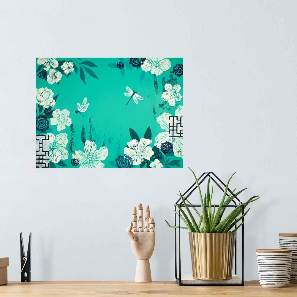 A bohemian room featuring Painting of two dragonflies flying in garden of hibiscus with turqoise background.