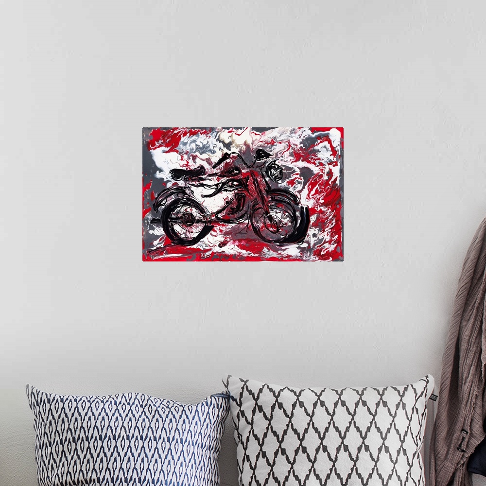 A bohemian room featuring Pour painting of a motorcycle engulfed in a scarlet fire capturing the vehicle's cult status and ...
