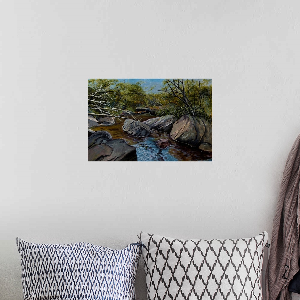 A bohemian room featuring Painting of the Georges river in spring, showing the beautiful deep colors of the water flow and ...