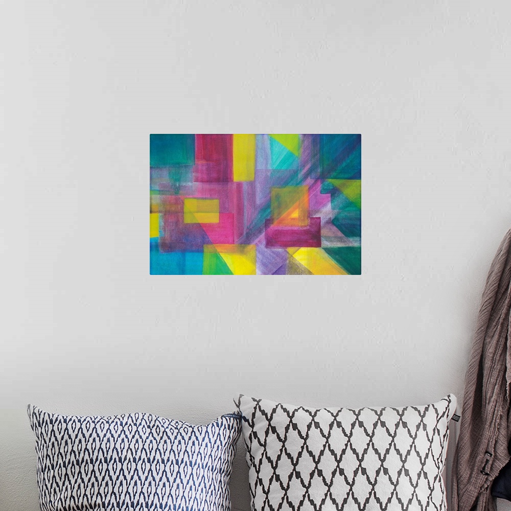 A bohemian room featuring Painting on paper of geometric shapes harmonizing in vibrant tones.