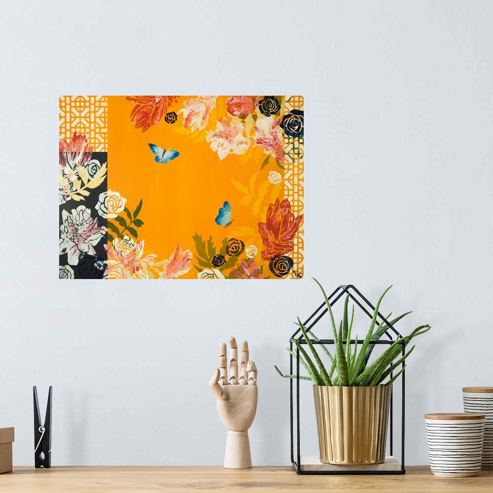 A bohemian room featuring Painting of two butterflies in garden of ginger flowers with yellow background and navy and yello...