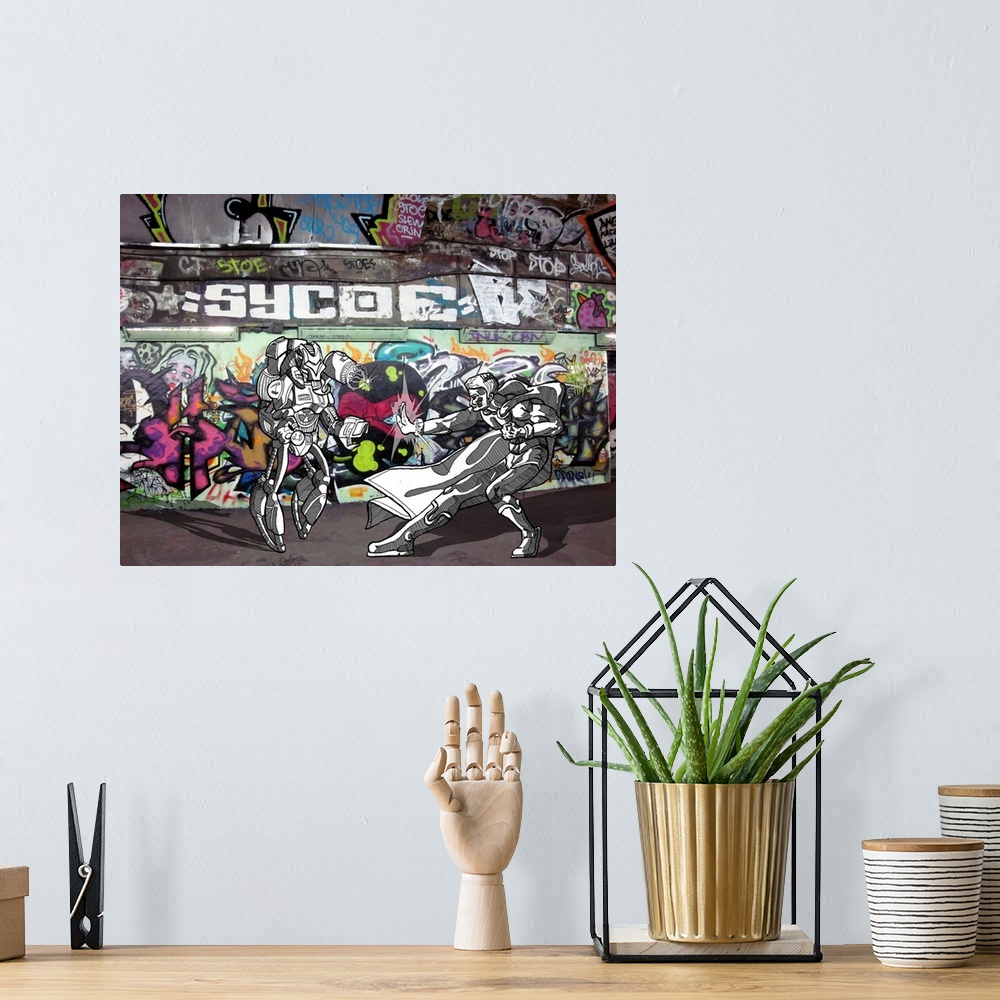 A bohemian room featuring Graffiti photograph with illustration of a superhero fighting a robot.