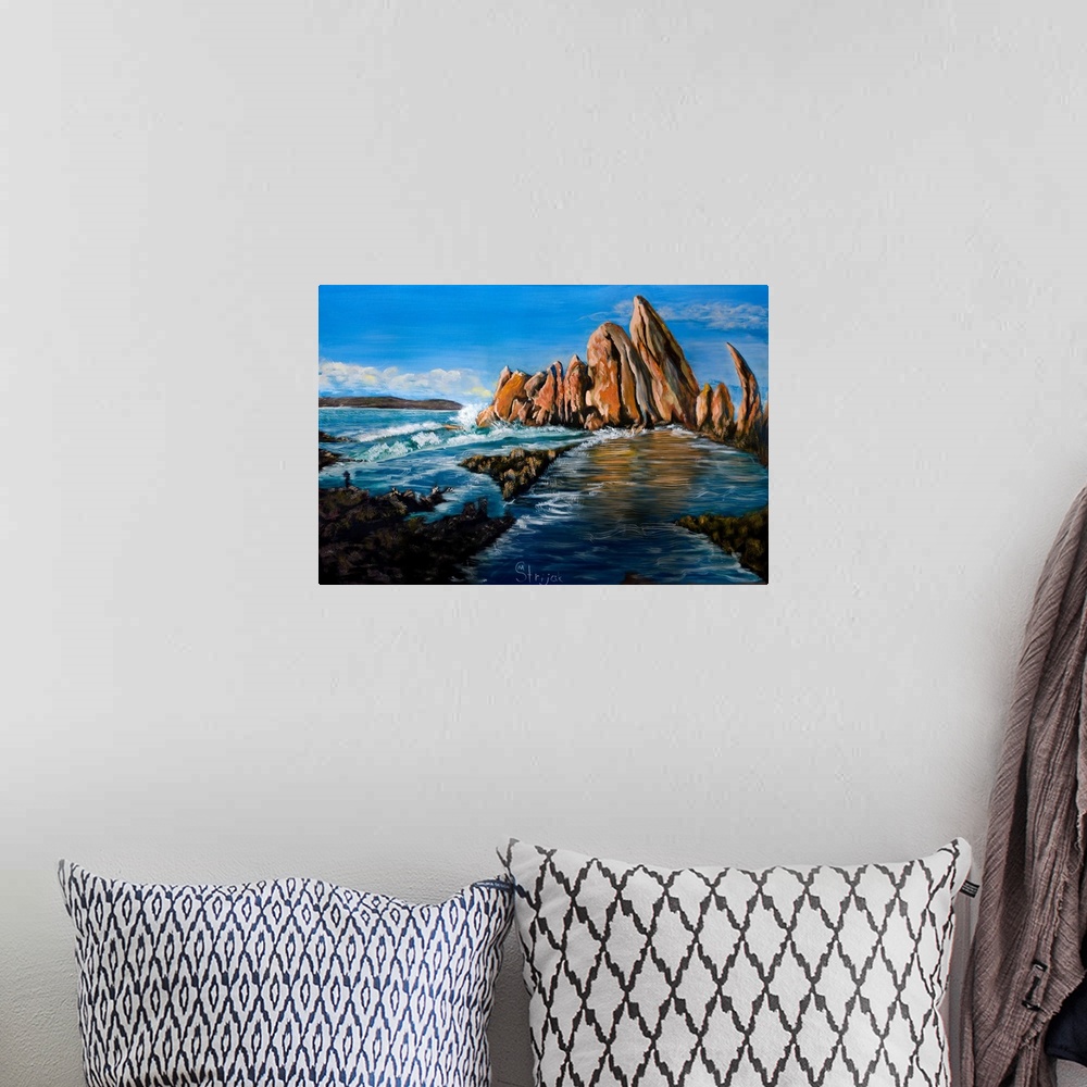 A bohemian room featuring Painting of the monumental formations of red rocks at the Broulee beach, basking in the soft ligh...