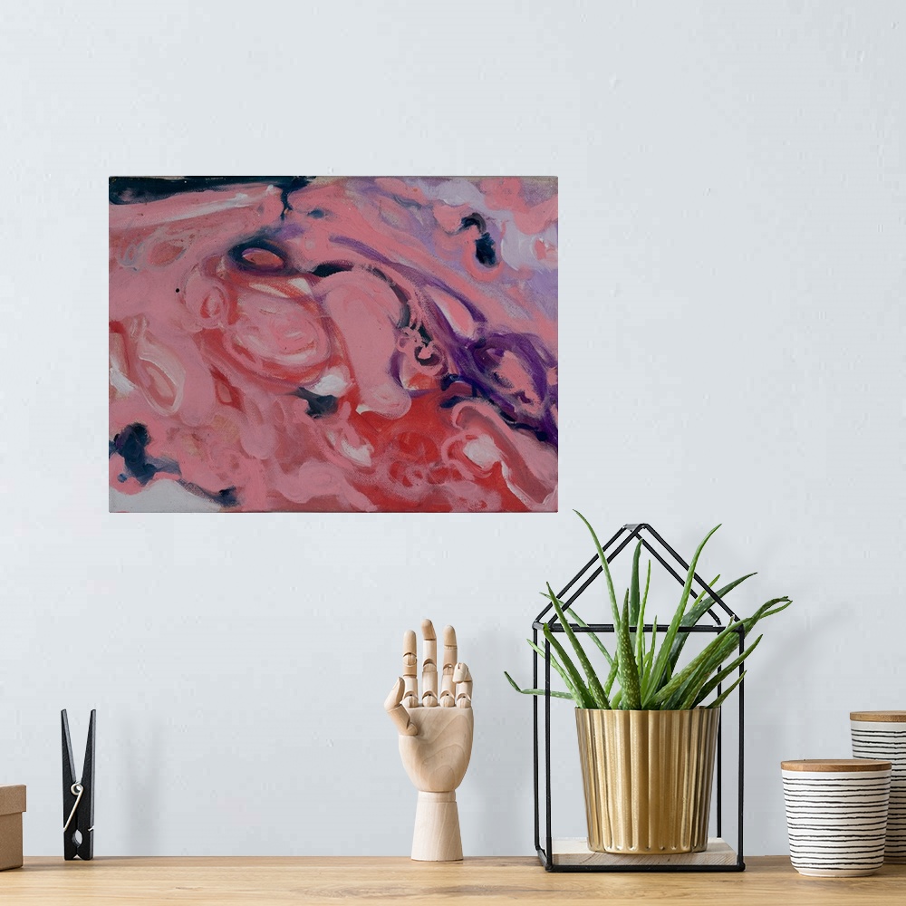 A bohemian room featuring An abstract painting of tonal variation and play; a fluid movement.