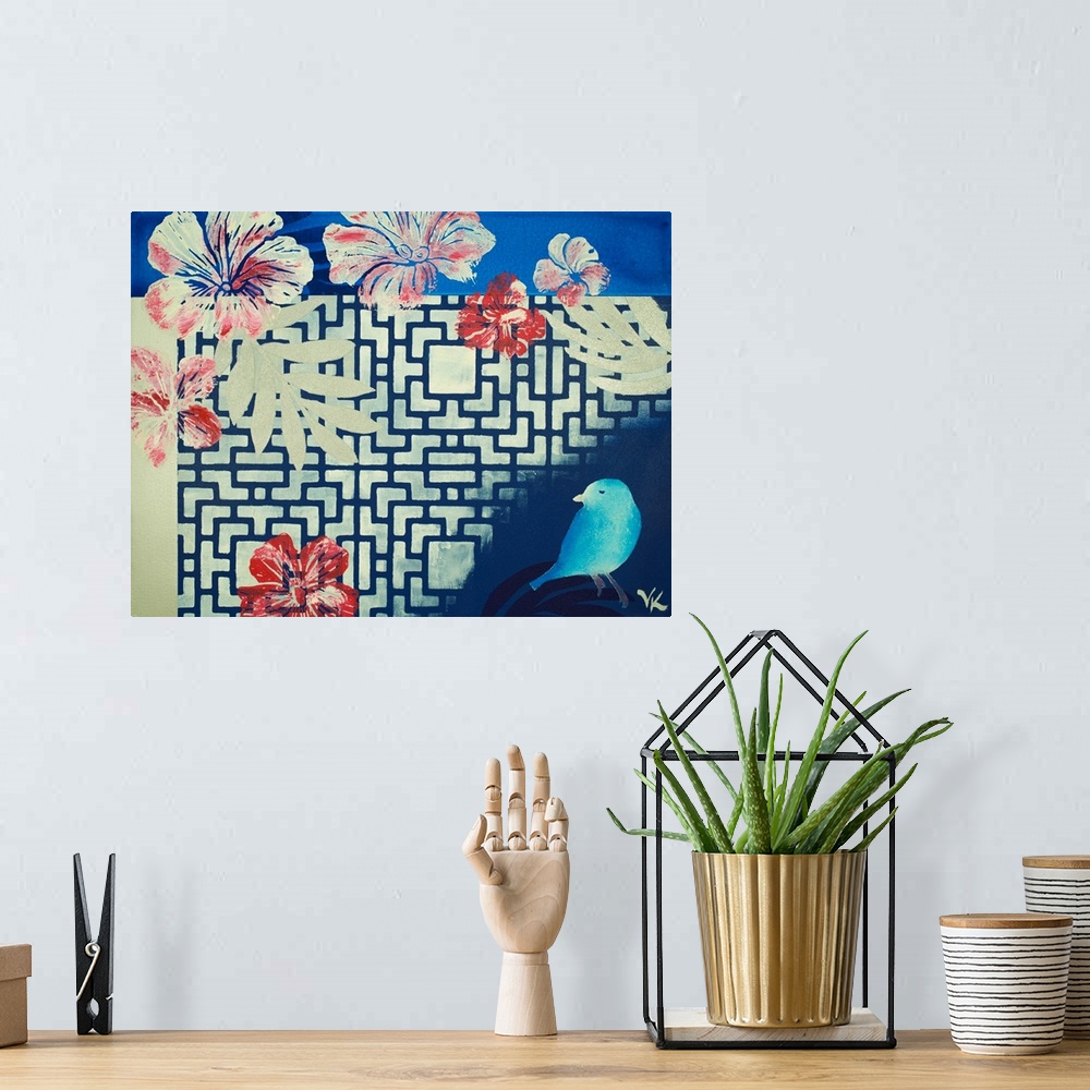 A bohemian room featuring Painting of bird with ivory screen and deep blue background.