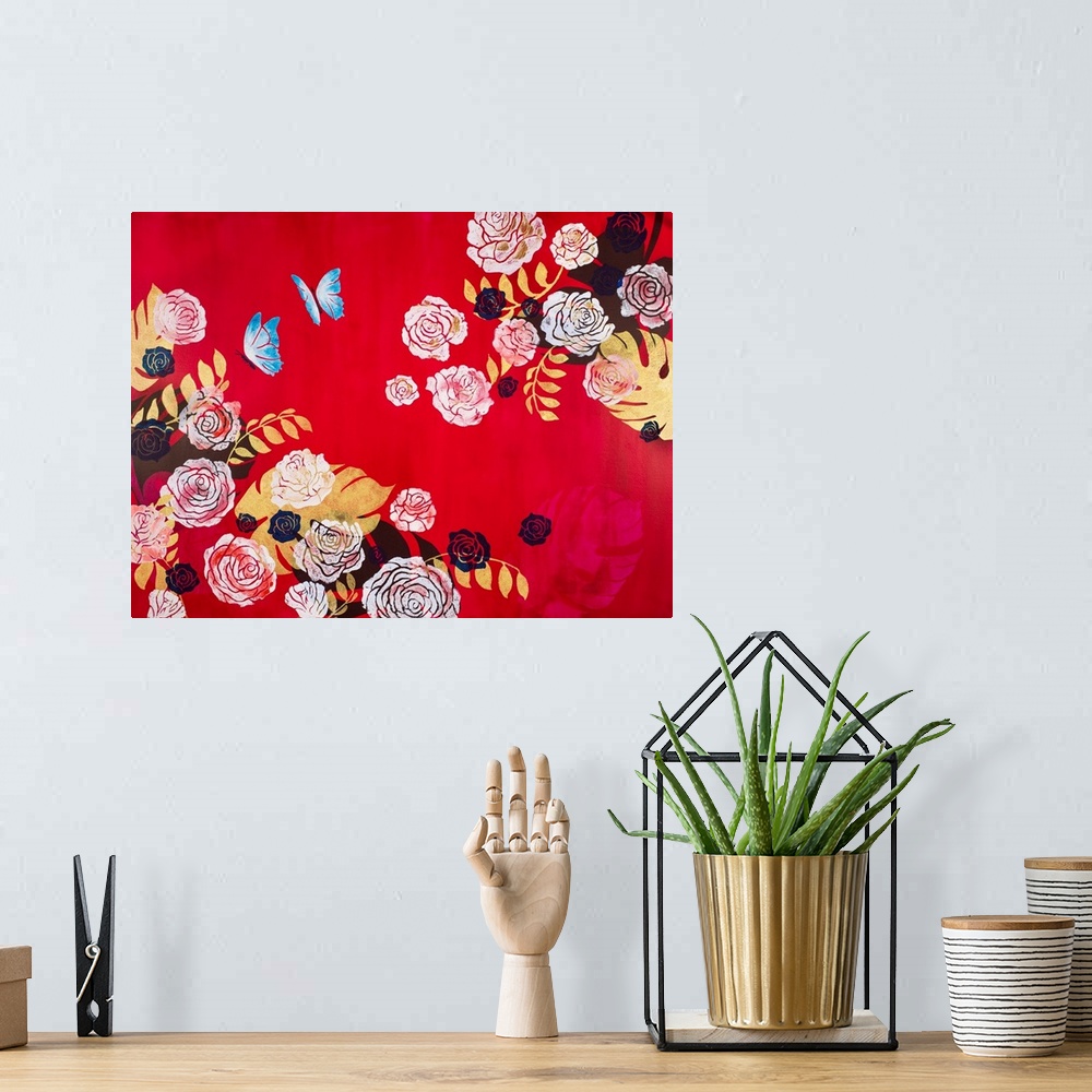 A bohemian room featuring Painting of two blue butterflies flying in rose garden with red background.