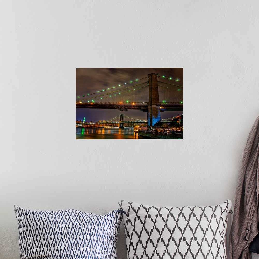 A bohemian room featuring Brooklyn Bridge And Manhattan Bridge At Night