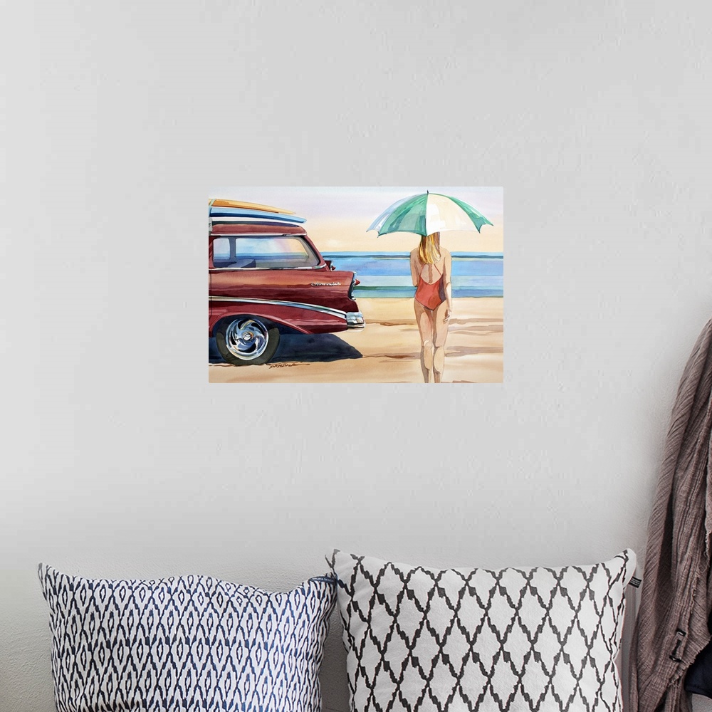 A bohemian room featuring Watercolor of a '56 Chevy at the shoreline.