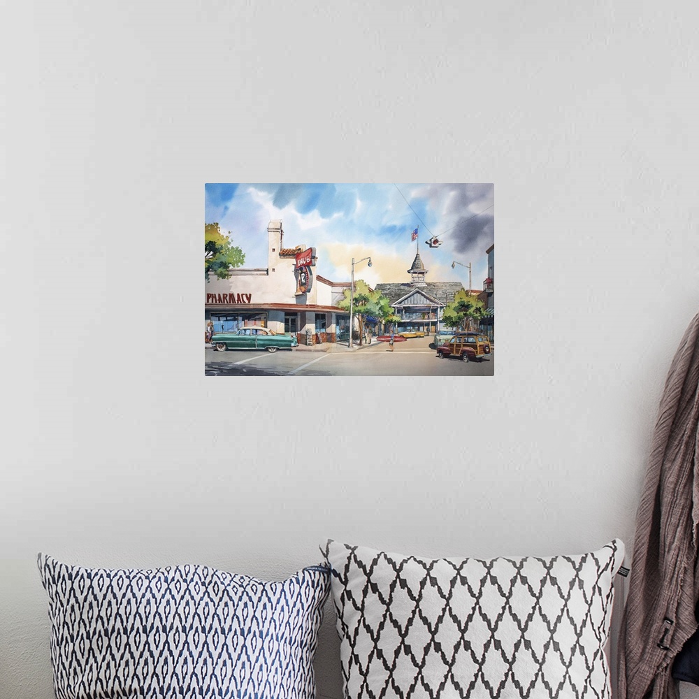 A bohemian room featuring Watercolor painting of the Balboa Pavilion in Newport Beach, CA.