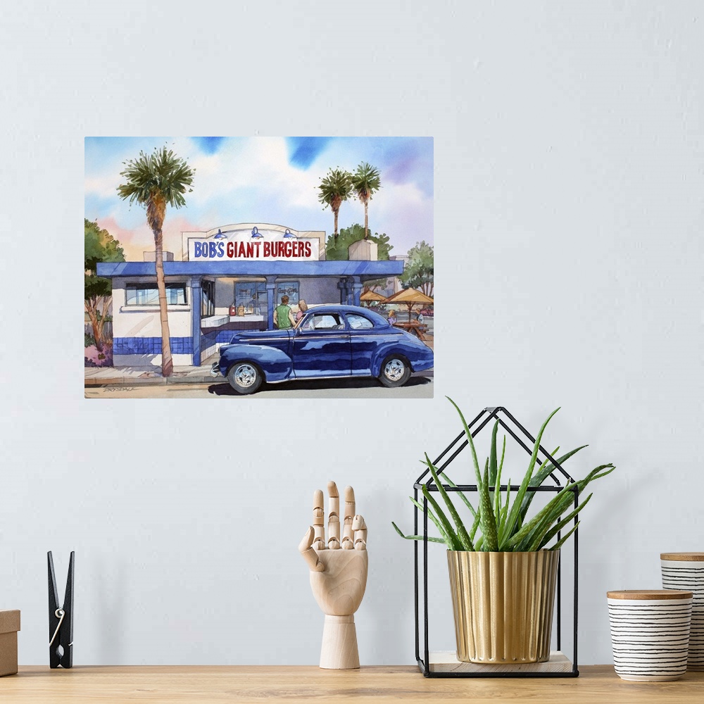 A bohemian room featuring Watercolor painting of a 41 Chevy parked at Bob's Hamburger Stand in Fremont, CA.