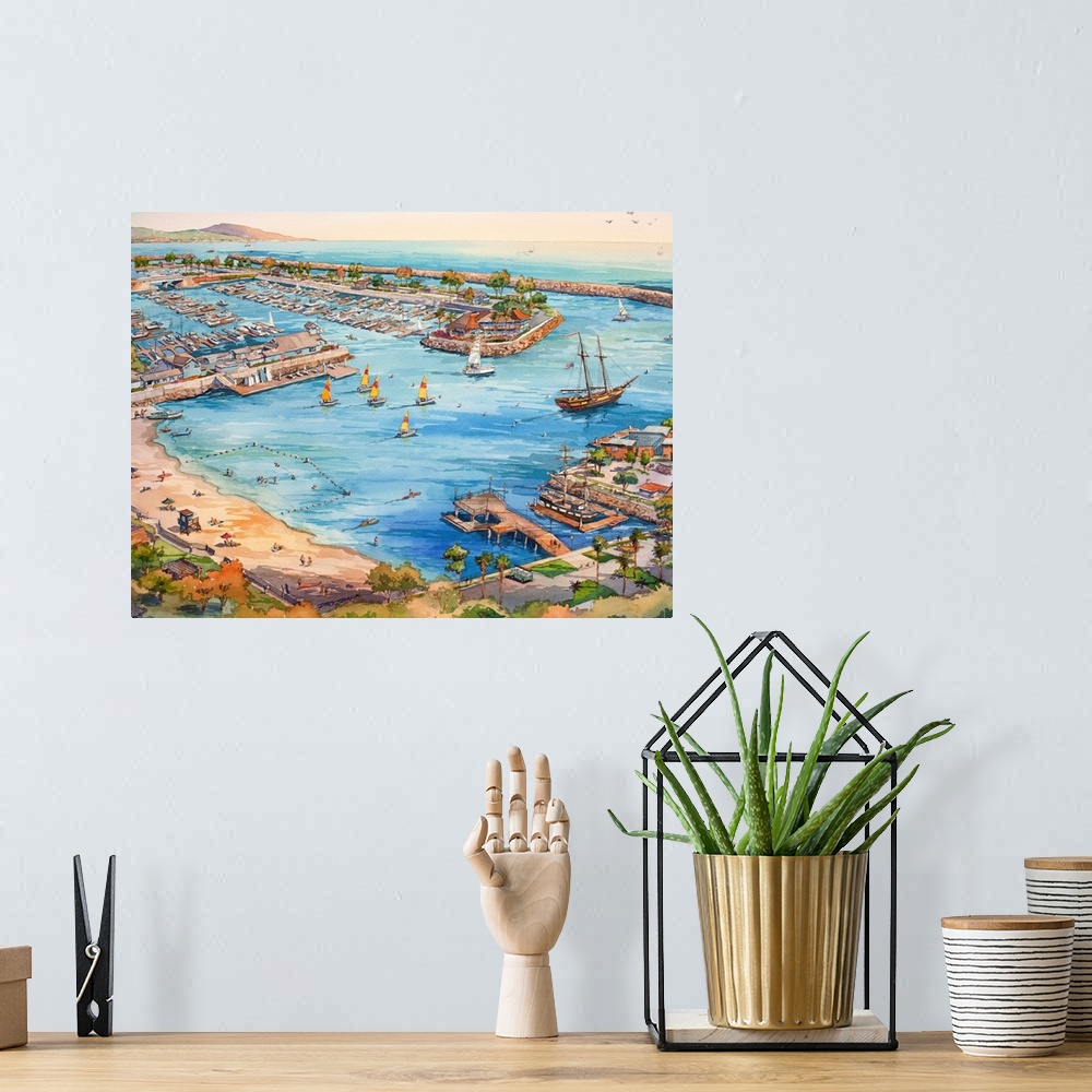 A bohemian room featuring Watercolor painting of the aerial view of The Dana Point Harbor