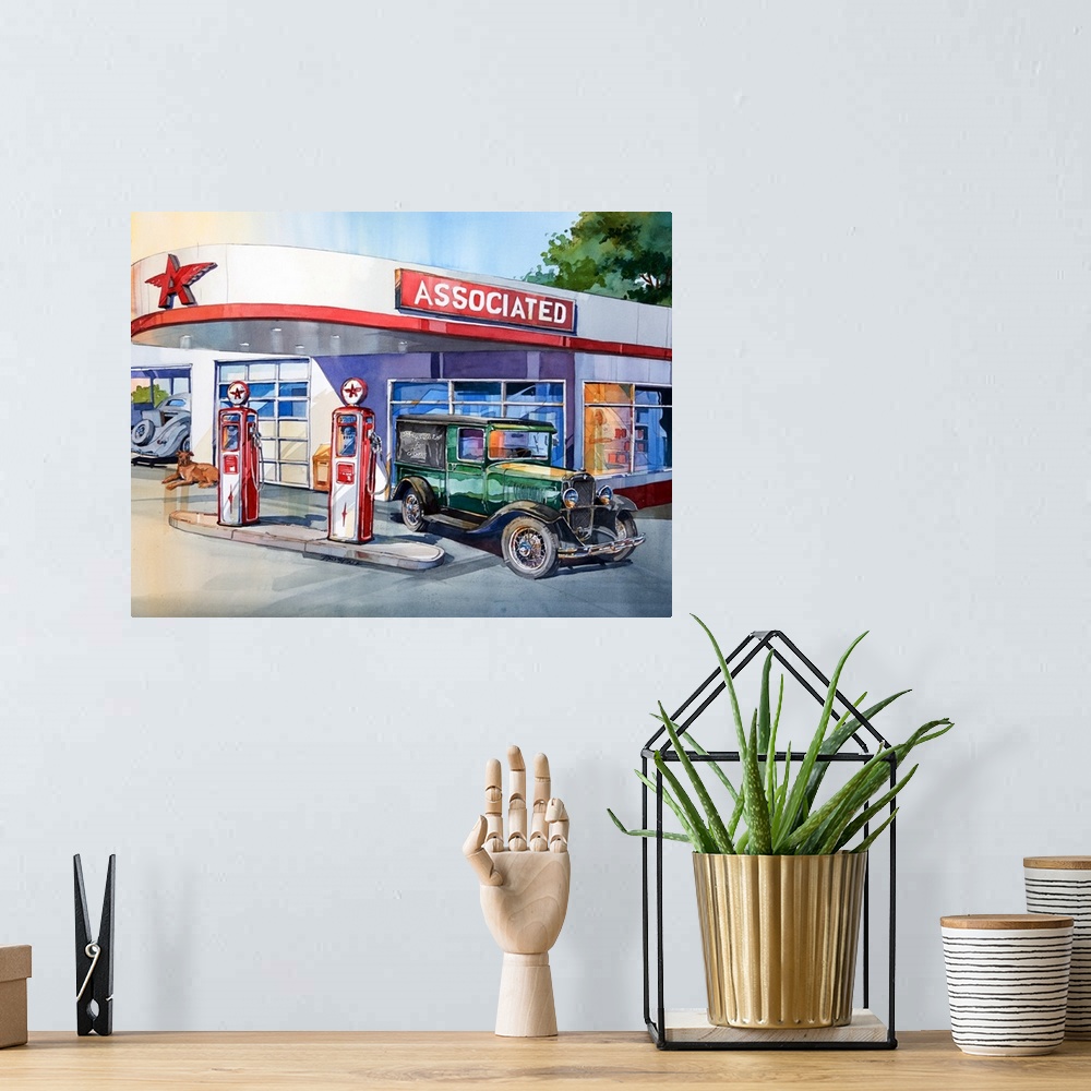 A bohemian room featuring Watercolor painting of a Flying A gas station with a vintage car filling up.
