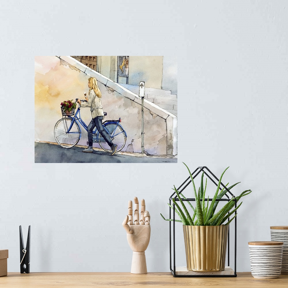 A bohemian room featuring Contemporary watercolor painting of a girl pushing her bicycle with a basket of flowers on it dow...