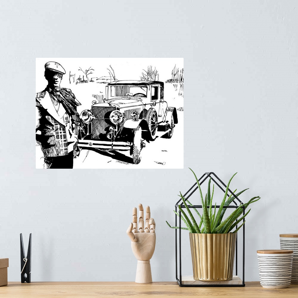 A bohemian room featuring Black and white illustration of a vintage car with a driver in the foreground.