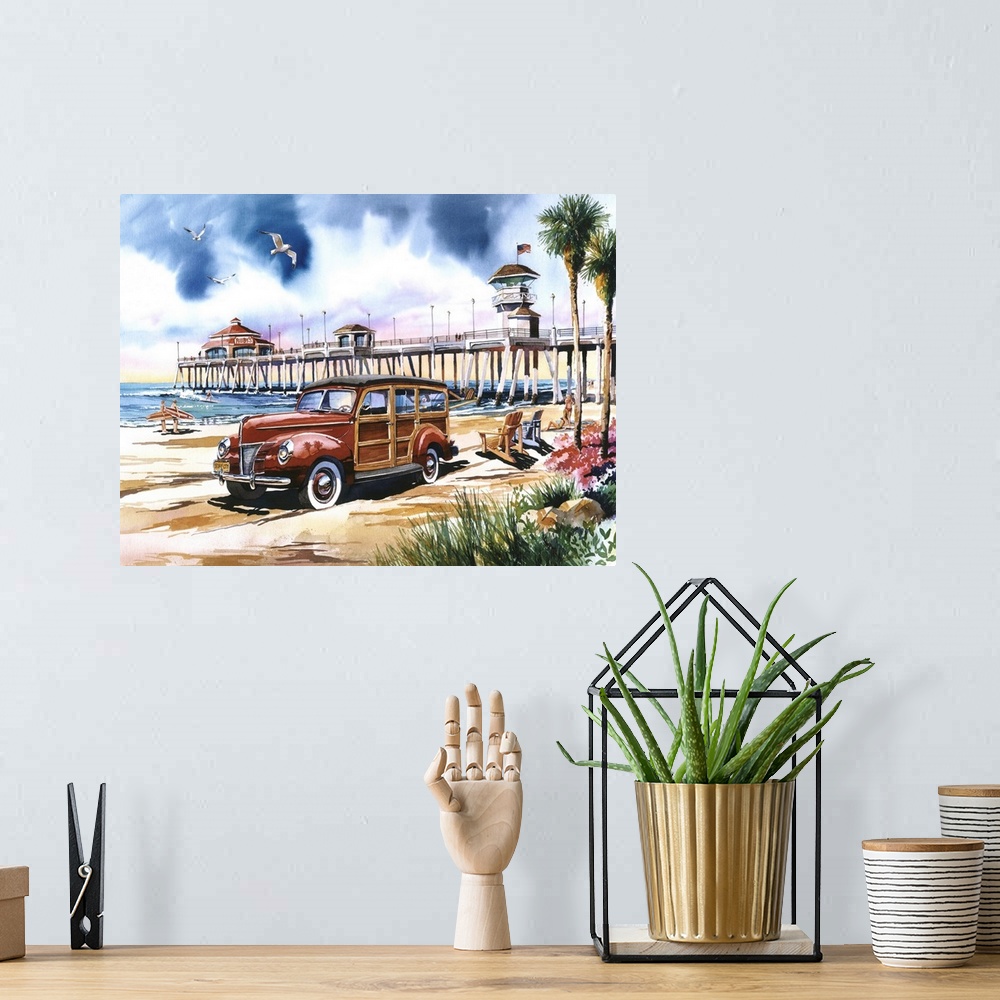 A bohemian room featuring Watercolor painting of a red woodie wagon parked on the beach at Surf City, Huntington Beach Cali...