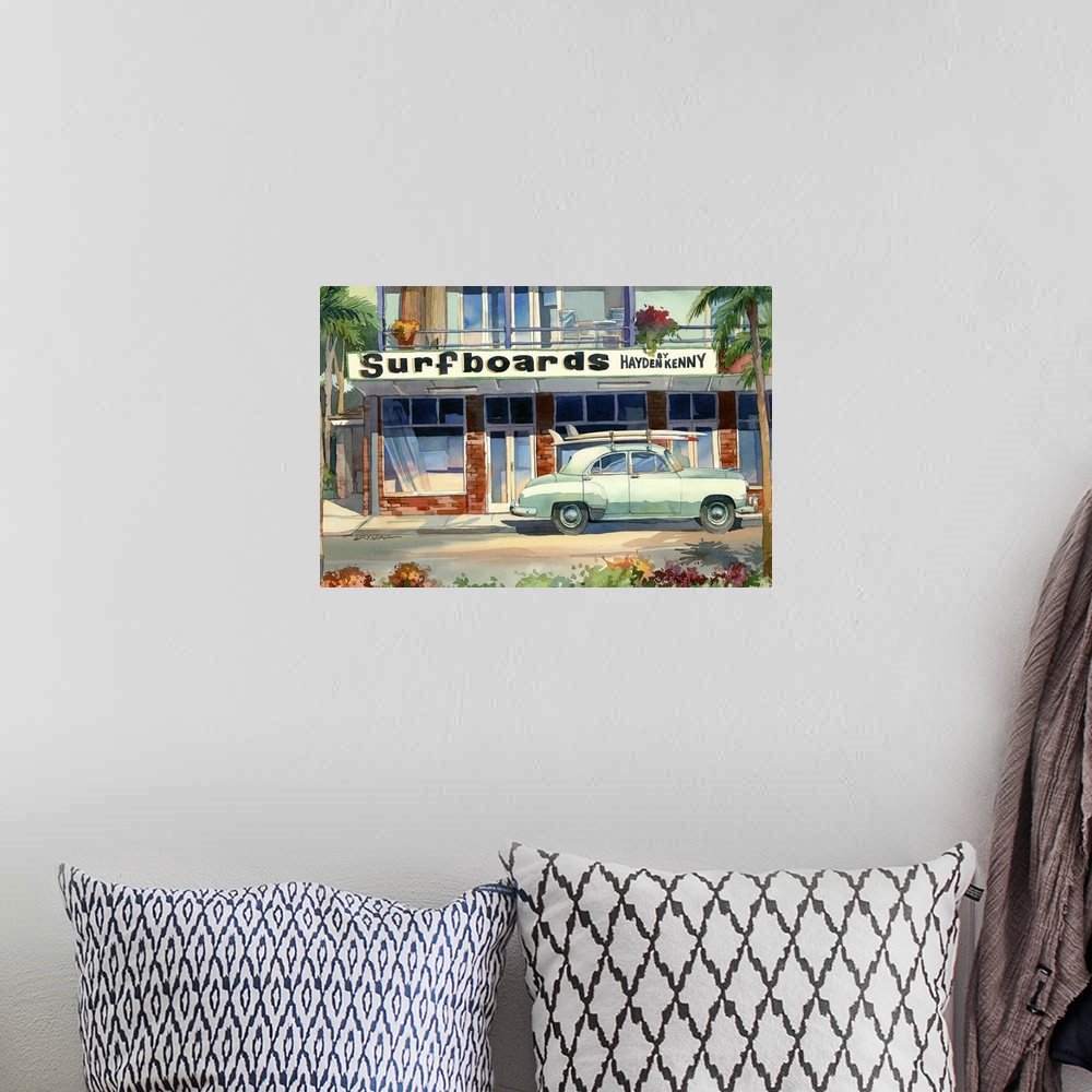 A bohemian room featuring Watercolor painting of Hayden Kenny Surfboards shop.