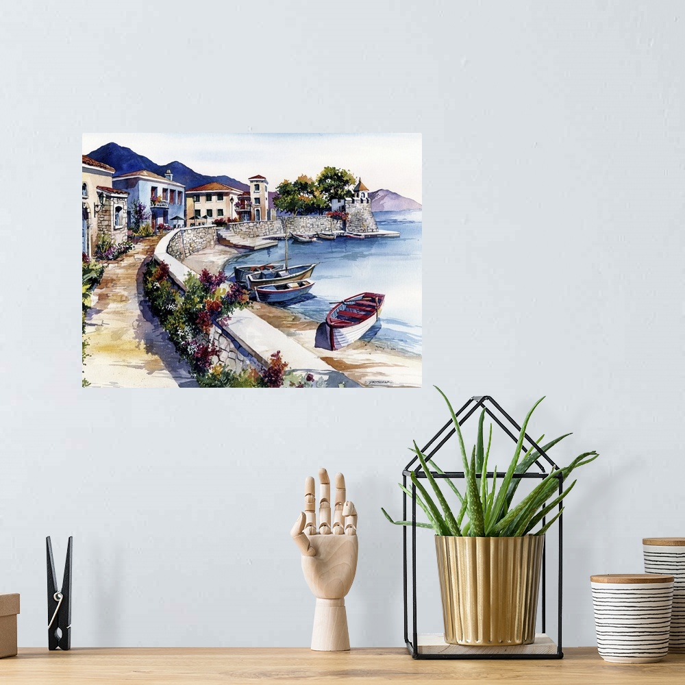 A bohemian room featuring Contemporary watercolor painting of a relaxing view in Nafpaktos, Greece