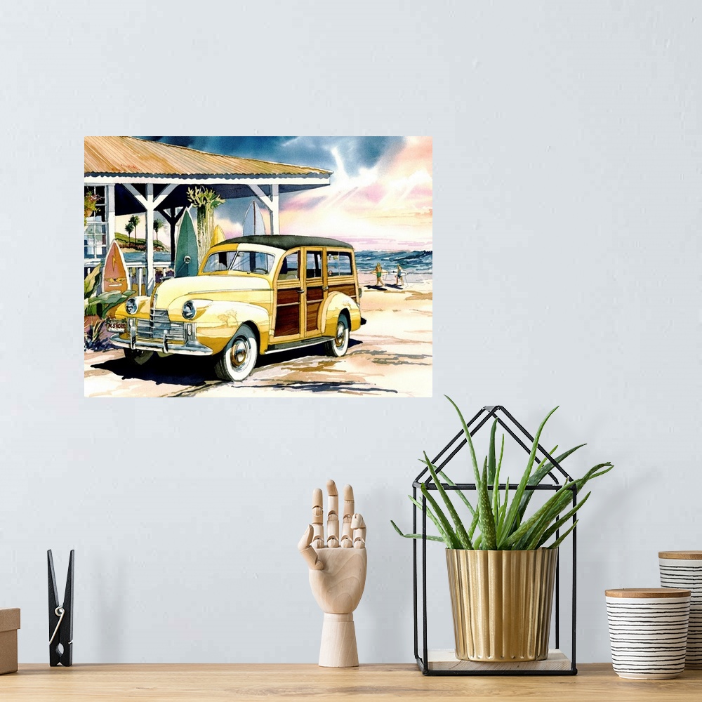 A bohemian room featuring Watercolor of a classic 1940 Oldsmobile woodie surfer wagon on the beach at the North Shore of Oa...