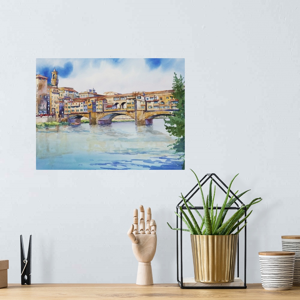 A bohemian room featuring Watercolor painting of the Ponte Vecchio in Florence, Italy.