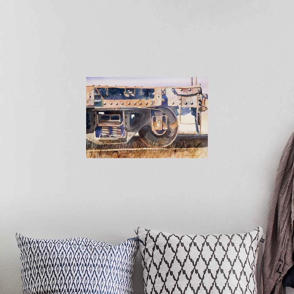 A bohemian room featuring Watercolor of an abandoned railroad car by the historic train depot in Santa Rosa, CA