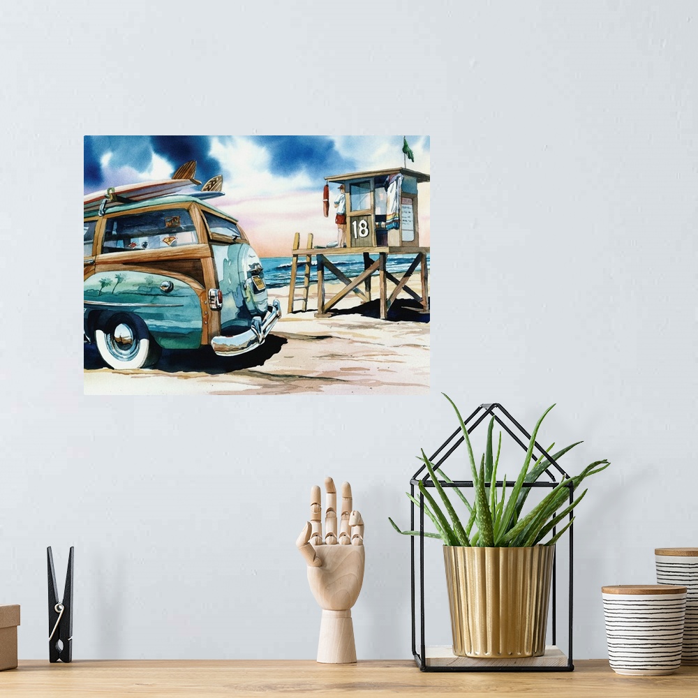 A bohemian room featuring Watercolor of a woodie on the beach in Newport Beach, California.