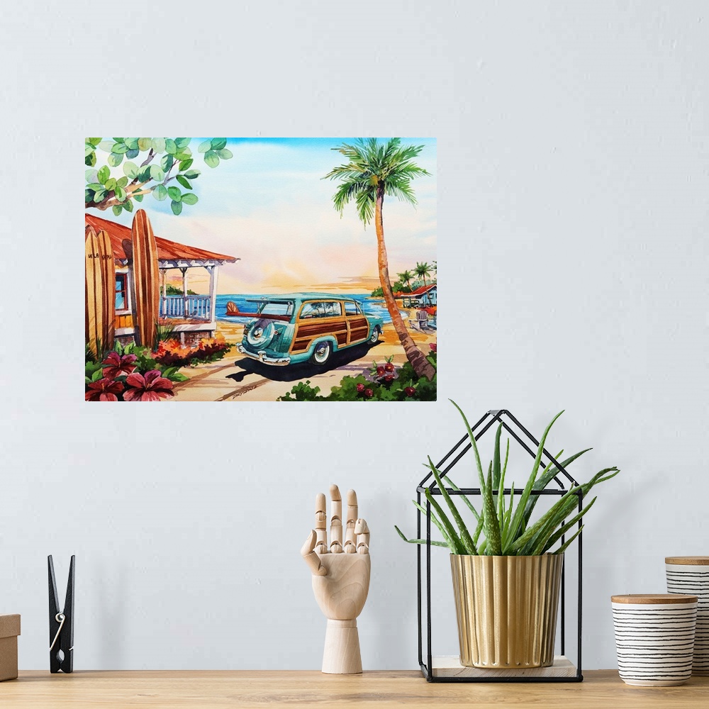A bohemian room featuring Watercolor of the the ultimate tropical surfer's paradise.