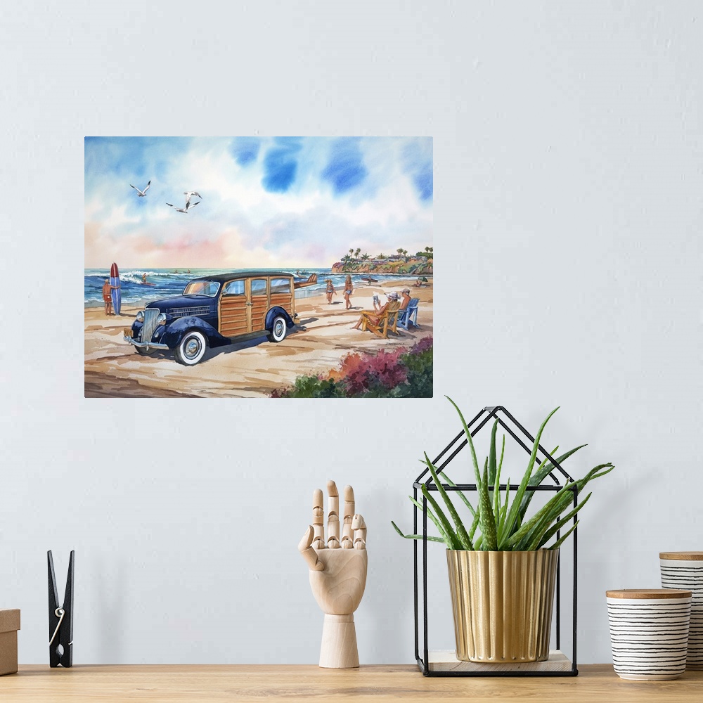 A bohemian room featuring Watercolor painting of a 1936 Ford woodie at Tourmaline Point in San Diego, California.