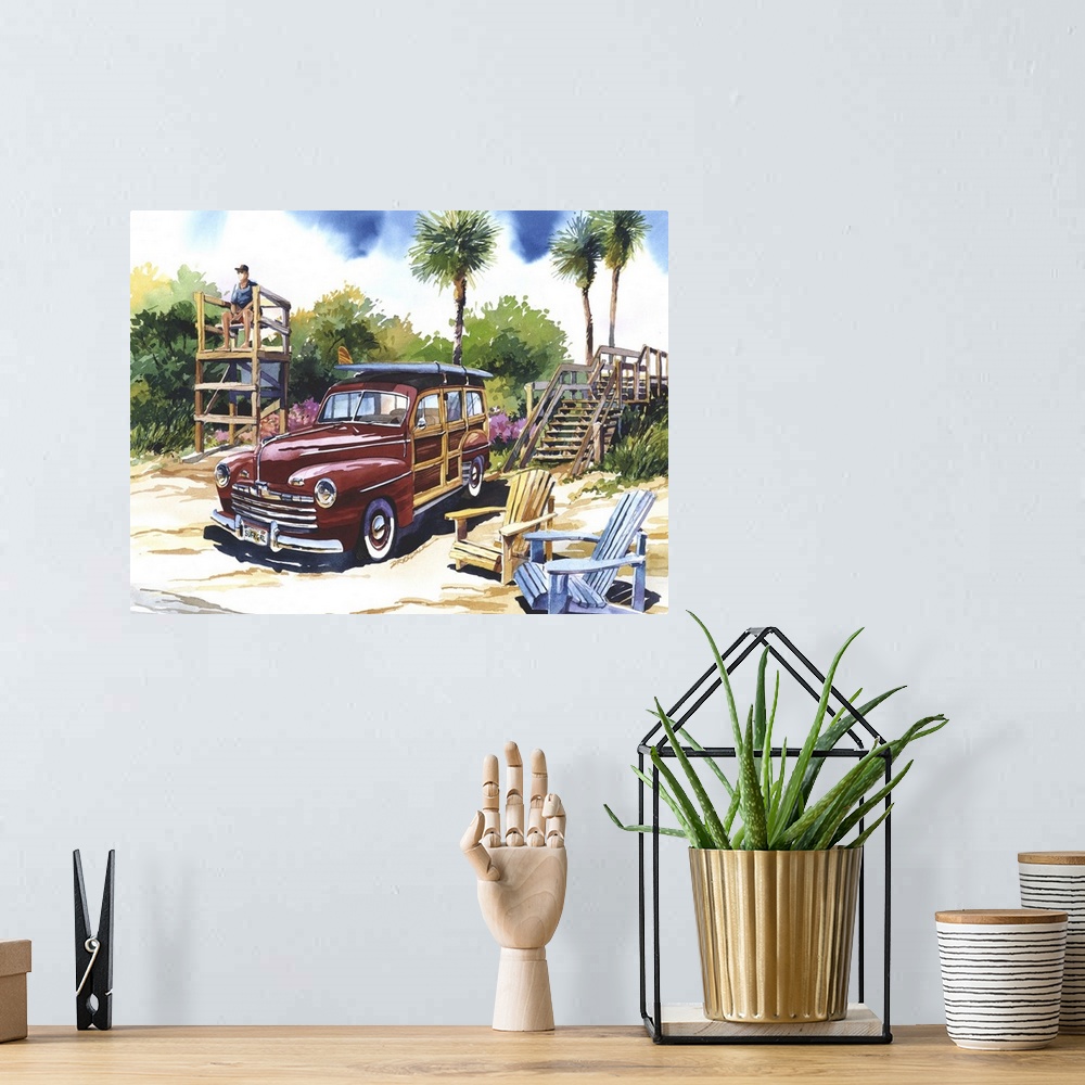 A bohemian room featuring 1948 Ford Woodie on Shepard Park, Cocoa Beach, Florida.