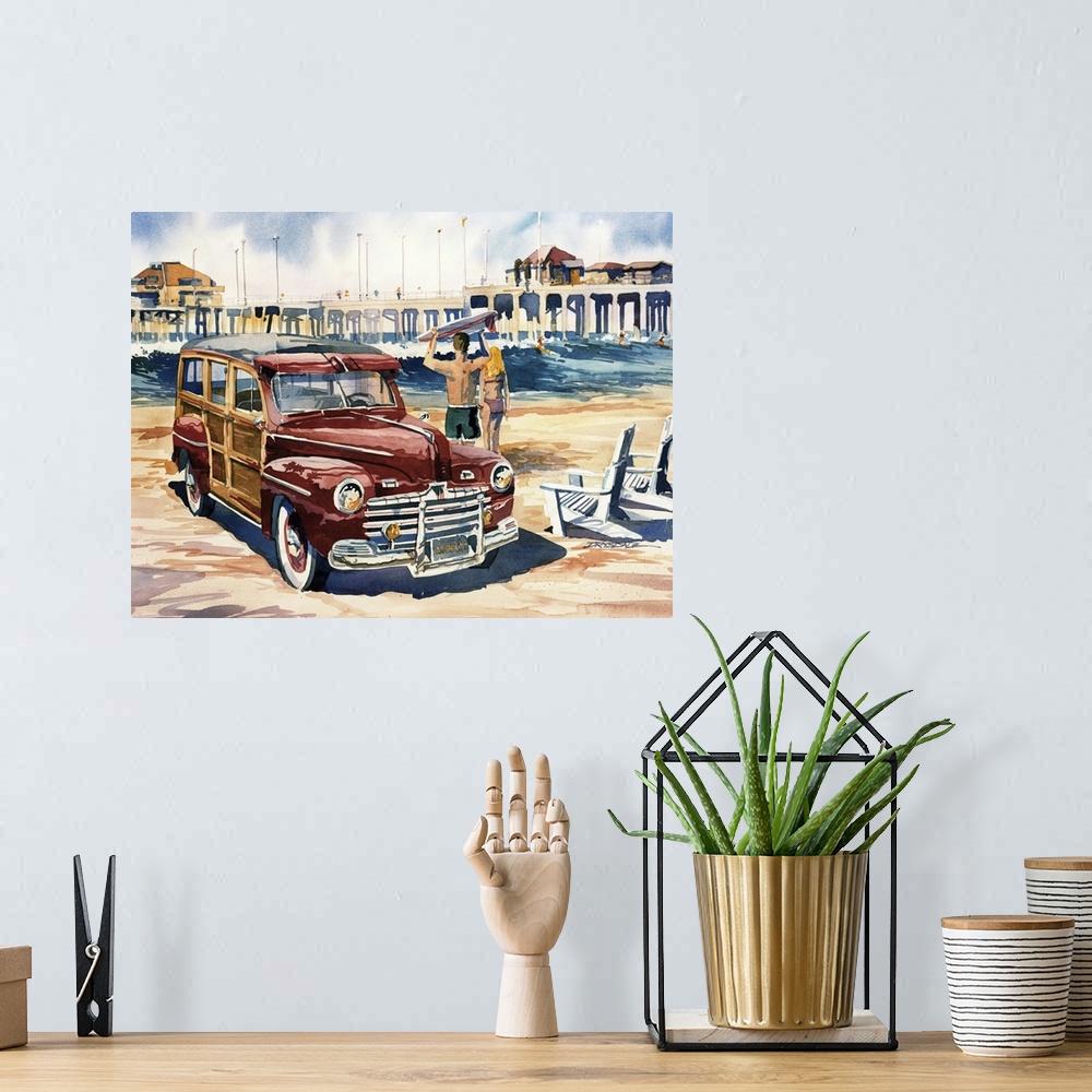 A bohemian room featuring Watercolor painting of a red woodie parked on the beach at Surf City with the pier in the backgro...