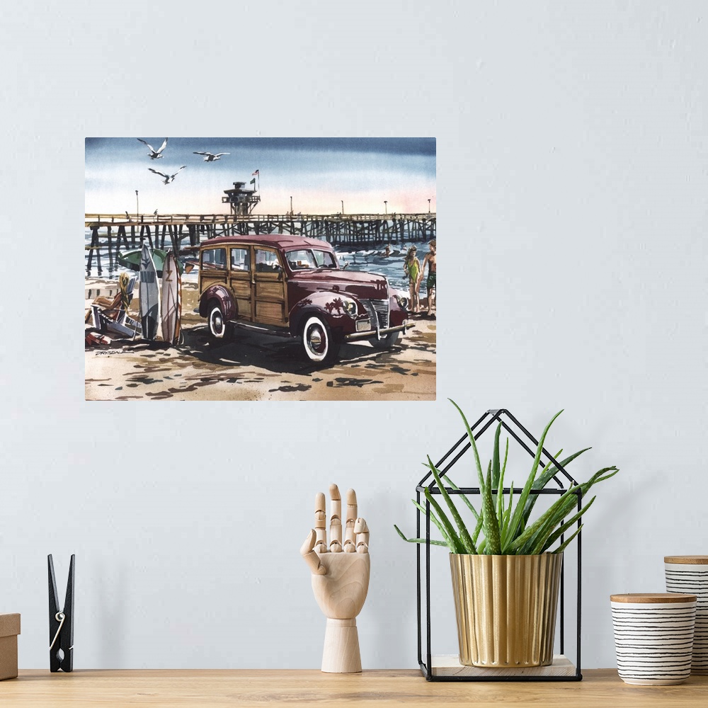 A bohemian room featuring Watercolor painting of a 1940 Ford Woodie at the San Clemente pier.