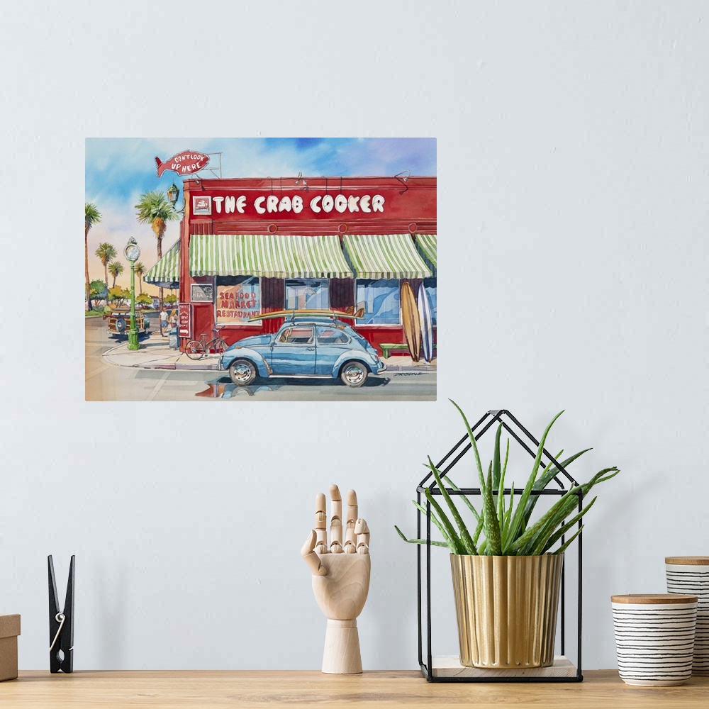 A bohemian room featuring Watercolor painting of The Crab Cooker red seafood market and restaurant with a blue Volkswagen b...