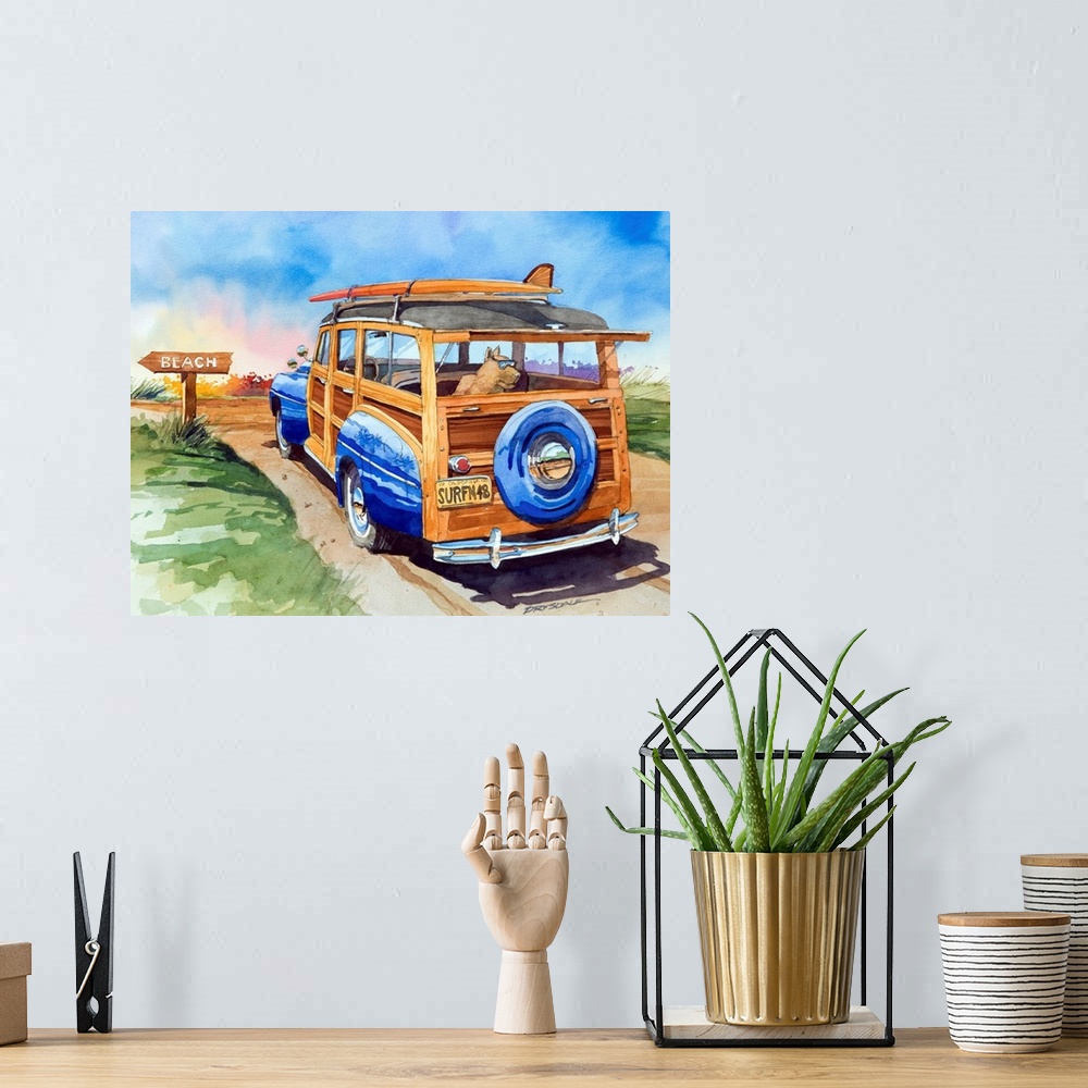A bohemian room featuring Watercolor of a 1948 Ford Woodie Surfing woodie wagon with a cool Great Dane.