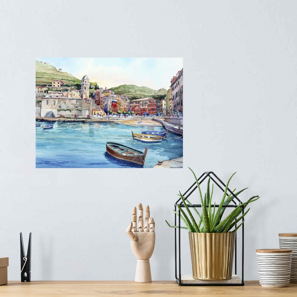 A bohemian room featuring Landscape watercolor painting of Vernazza, Cinque Terre, Italy