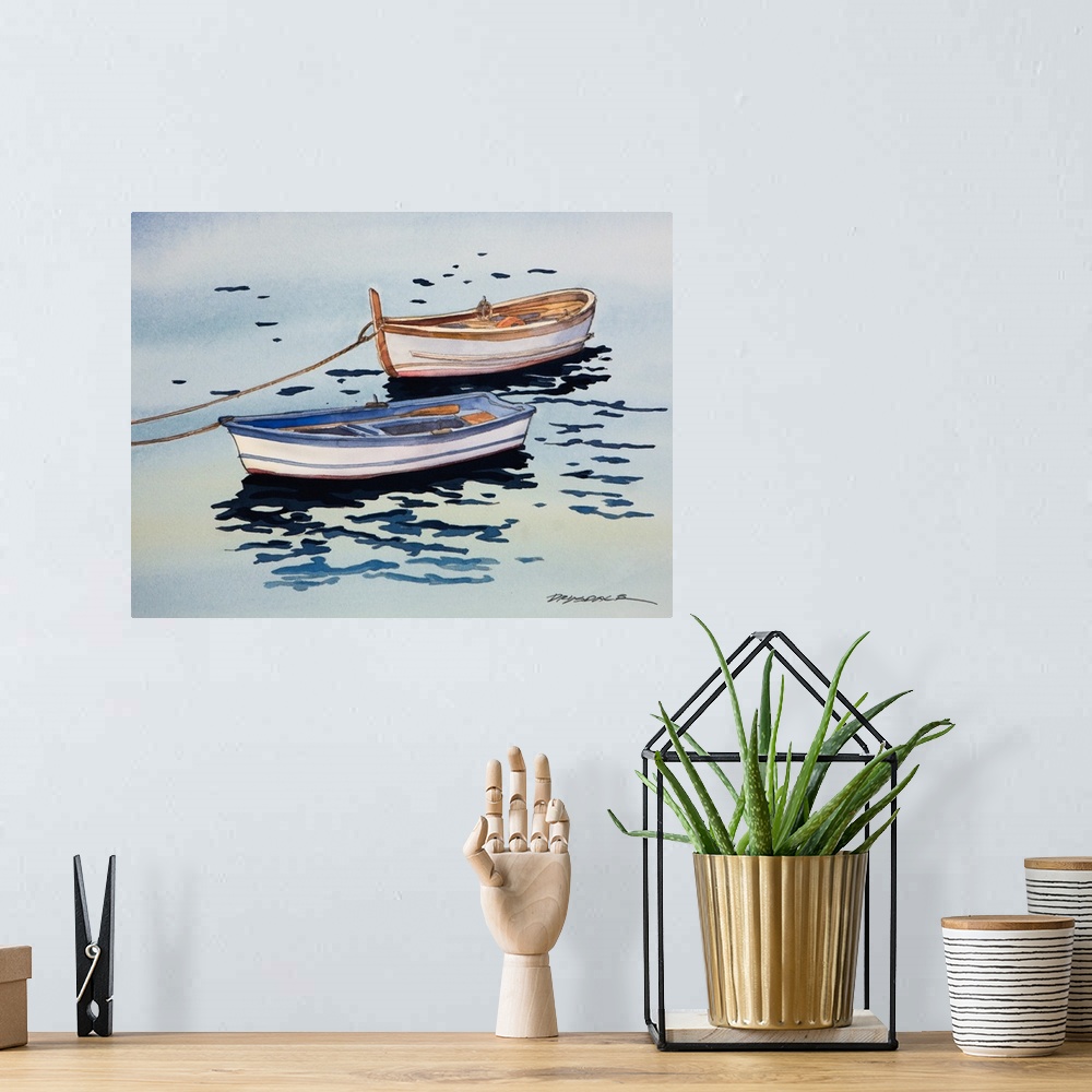 A bohemian room featuring Watercolor painting of charming boats in a canal in Italy.