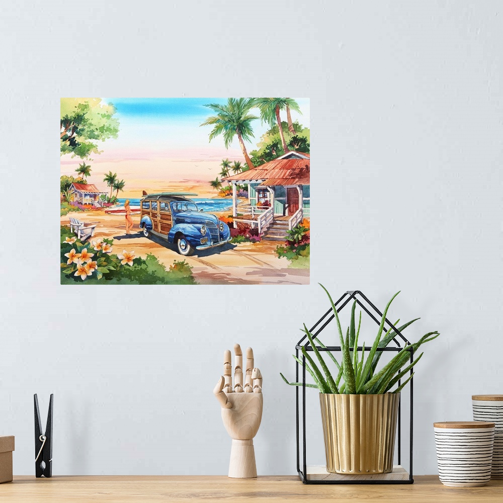 A bohemian room featuring Watercolor painting of a tropical surfing fantasy.
