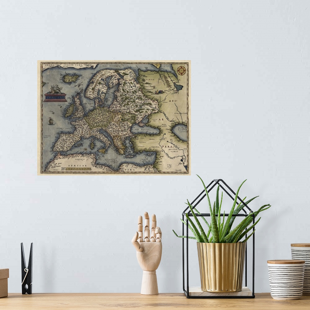A bohemian room featuring Antique Map of Europe, 1570