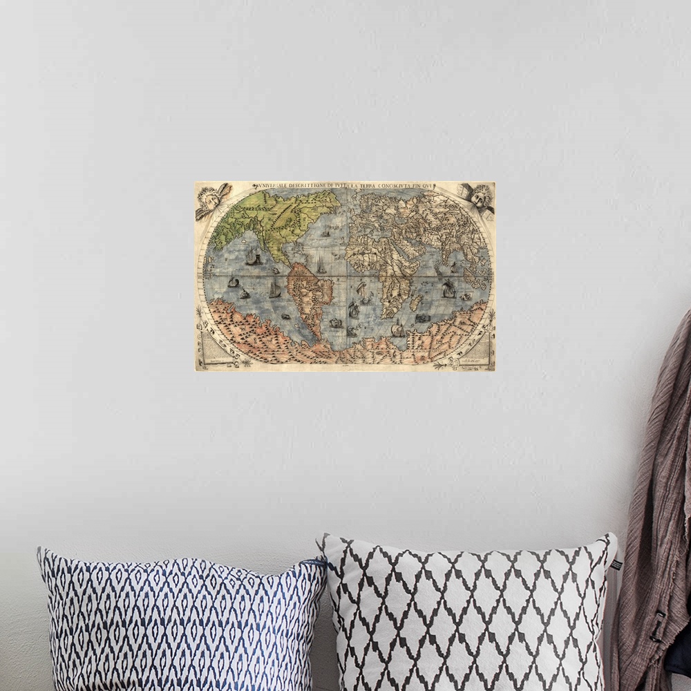 A bohemian room featuring Oversized wall hanging of an antique world map with Italian text on it.
