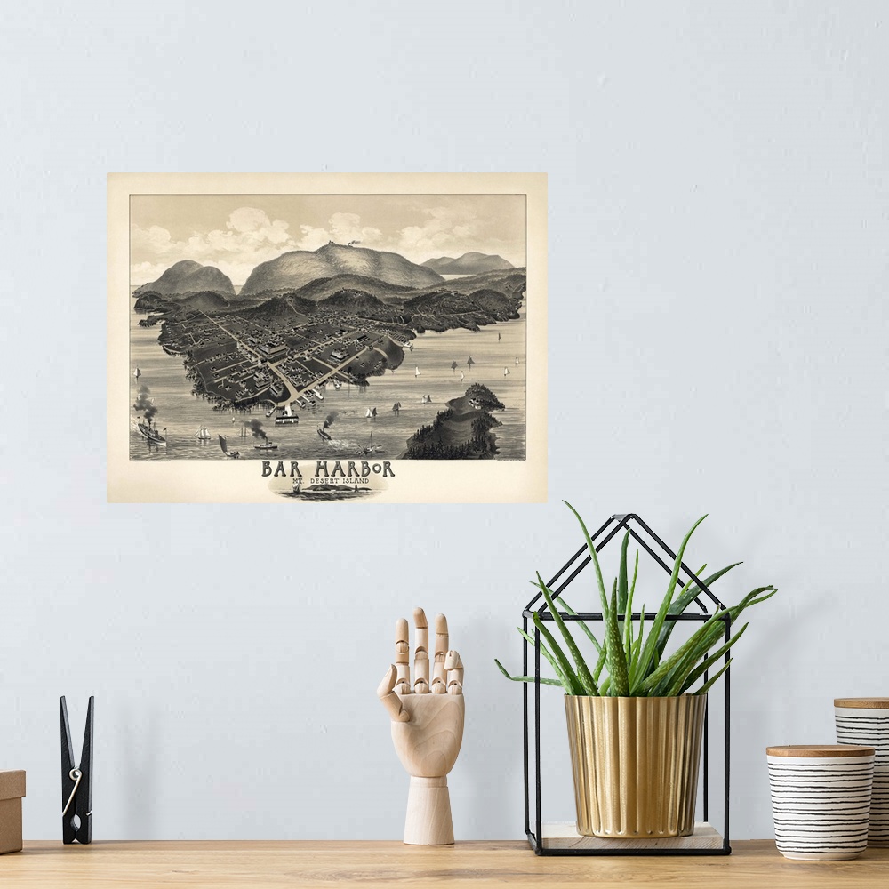 A bohemian room featuring Vintage Birds Eye View Map of Bar Harbor, Maine