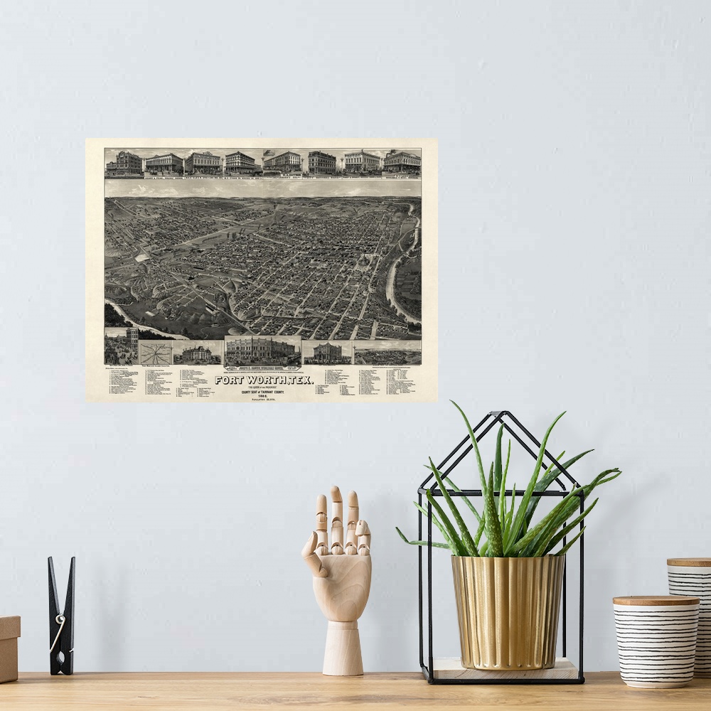 A bohemian room featuring Vintage Birds Eye View Map of Fort Worth, Texas