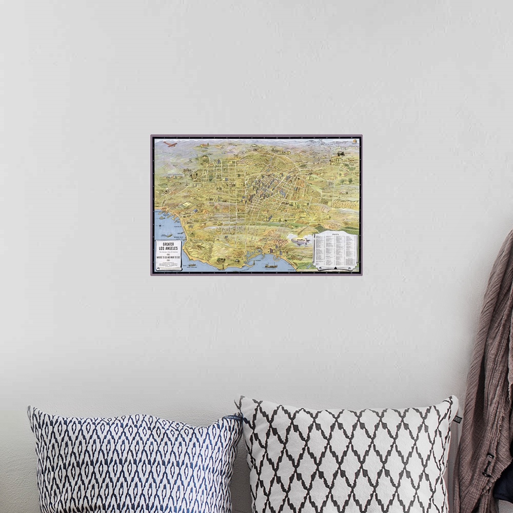 A bohemian room featuring This large vintage map depicts the city of Los Angeles. The map is drawn with streets, buildings,...
