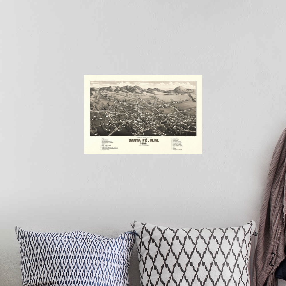 A bohemian room featuring Vintage Birds Eye View Map of Santa Fe, New Mexico
