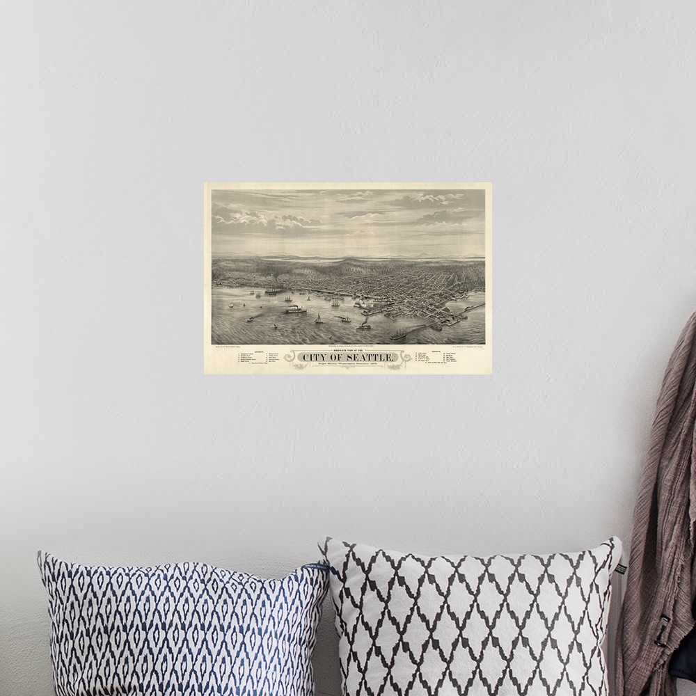A bohemian room featuring This large piece is an antique map with the birds eye view of the city of Seattle from the waterf...