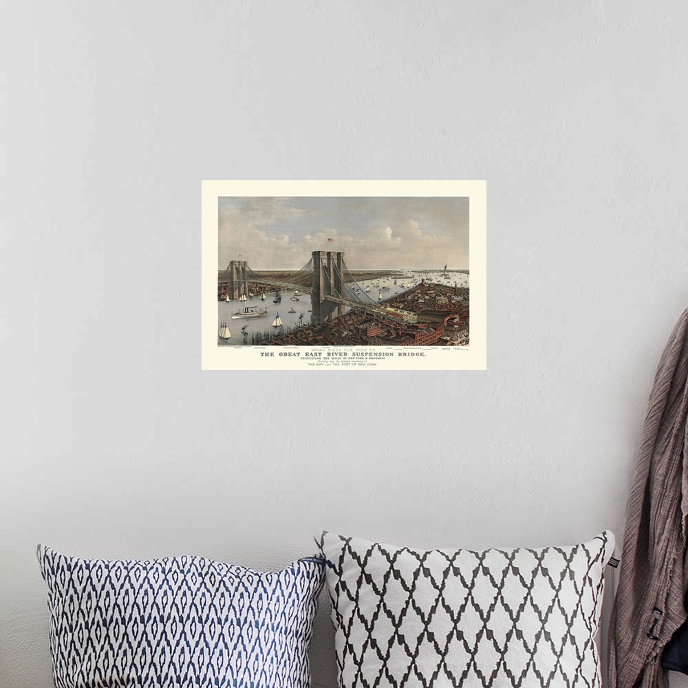 A bohemian room featuring Antique photograph of iconic overpass with boats in waterway sailing beneath it in the "Big Apple."