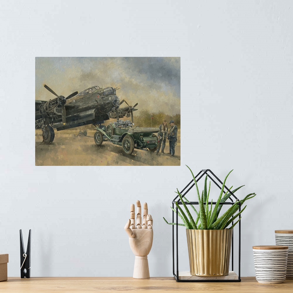 A bohemian room featuring Contemporary artwork of a vintage scene with a car and an airplane, with two men standing nearby.