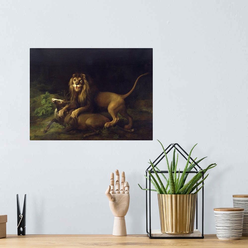 A bohemian room featuring Painting by George Stubbs of a lion attacking a stag.