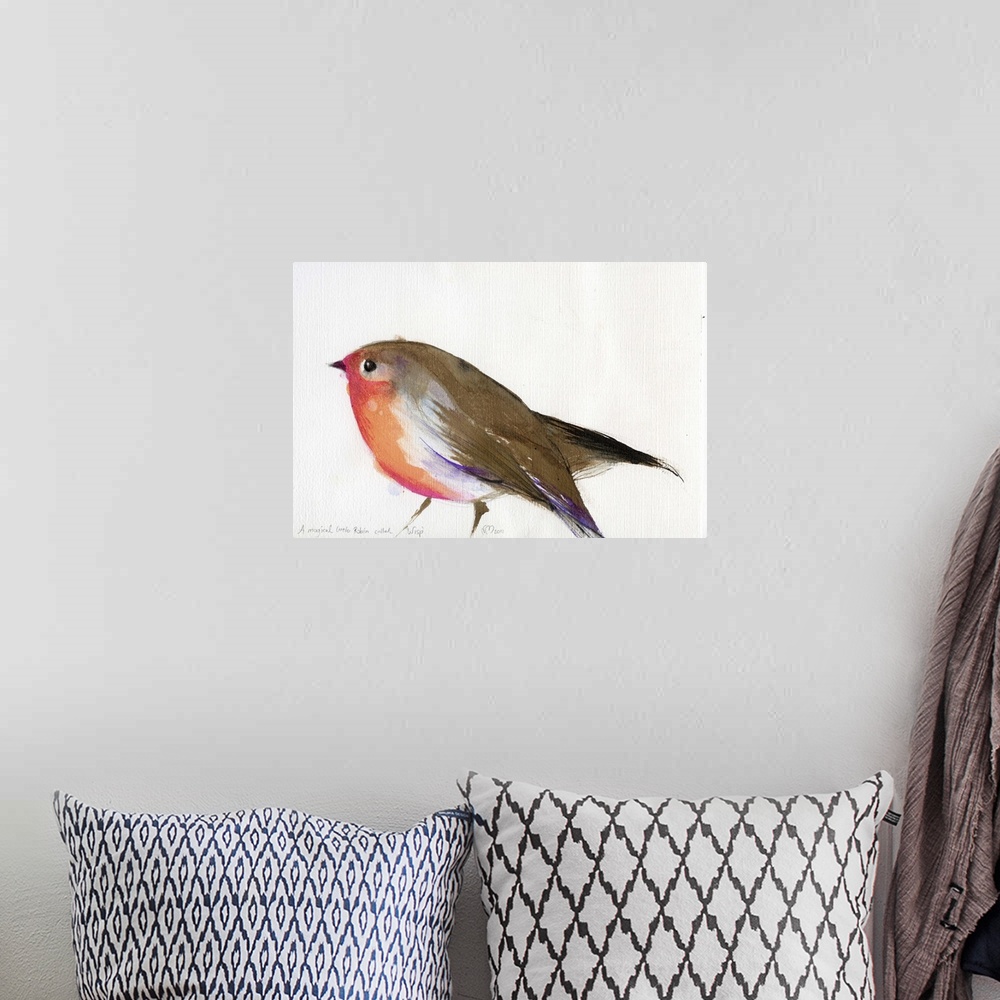 A bohemian room featuring Contemporary artwork of a garden bird against a white background.
